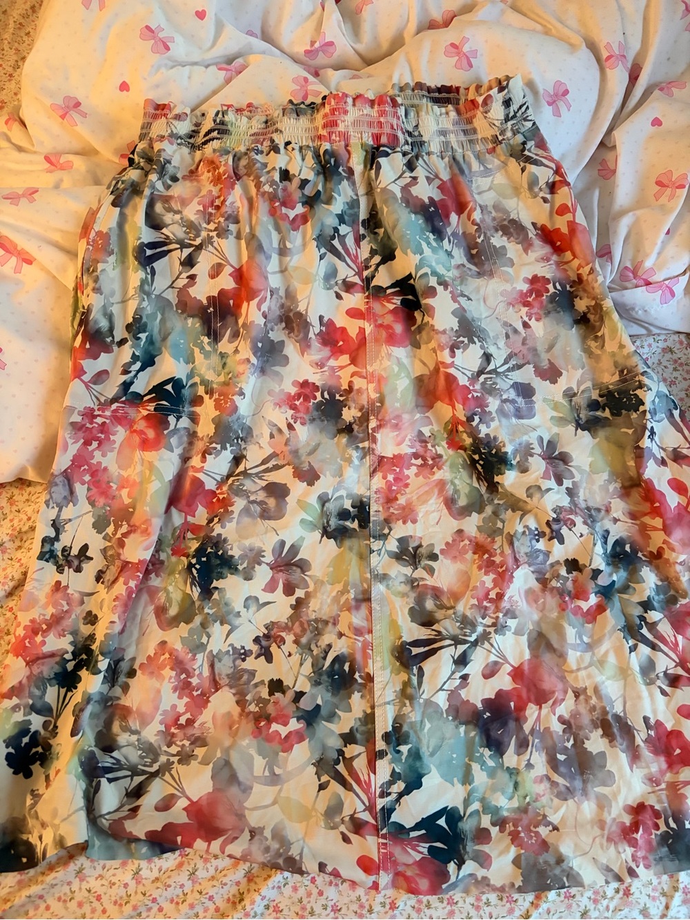 Athleta White A-Line Skirt with Pink, Blue and Green Watercolor Floral Print